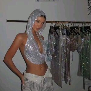 Sexy Mesh Rhinestone Crop Top With Hood